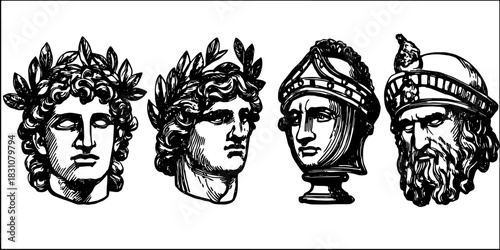 Set of vintage engravings showcasing historical busts. Black and white hand-drawn illustrations, detailed outlines in a classic vector style.