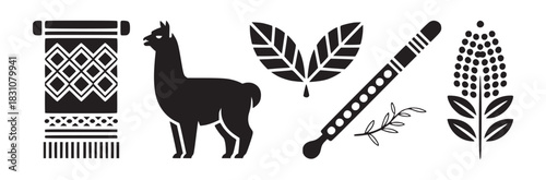 Illustration of a rug, llama, leaves, flute, small branch and a plant with berries in black and white