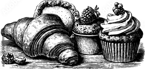Vintage engraving of baked goods, featuring a set of croissants and cupcakes. Hand-drawn style in black, suitable for culinary vector illustrations.