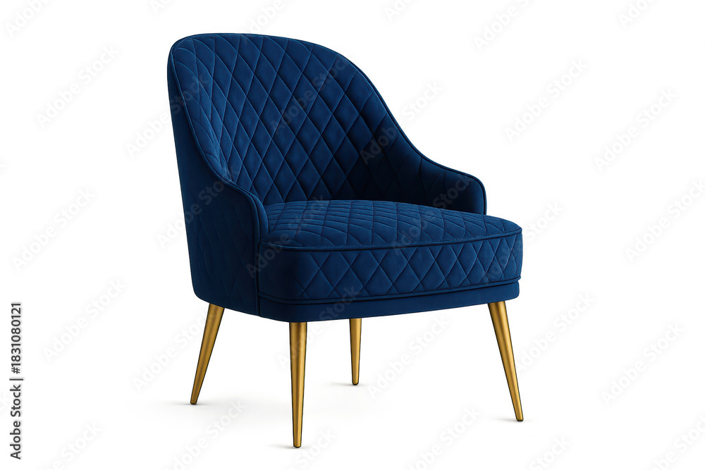 Obraz premium Elegant blue velvet armchair with gold legs isolated on transparent background