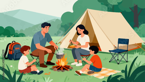 In this bright illustration, a family camps by a river: the father sets up a tent, the mother cooks, and the kids play with toys on a picnic blanket, surrounded by green mountains.