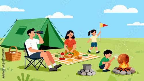 In this bright illustration, a family camps by a river: the father sets up a tent, the mother cooks, and the kids play with toys on a picnic blanket, surrounded by green mountains.