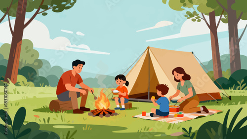 In this bright illustration, a family camps by a river: the father sets up a tent, the mother cooks, and the kids play with toys on a picnic blanket, surrounded by green mountains.