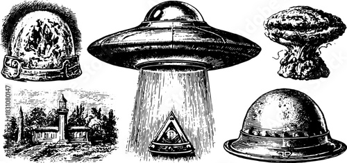 Engraved illustrations of UFOs, bombs, and helmets in a vintage style. Antique black line drawings presented as a vector set.