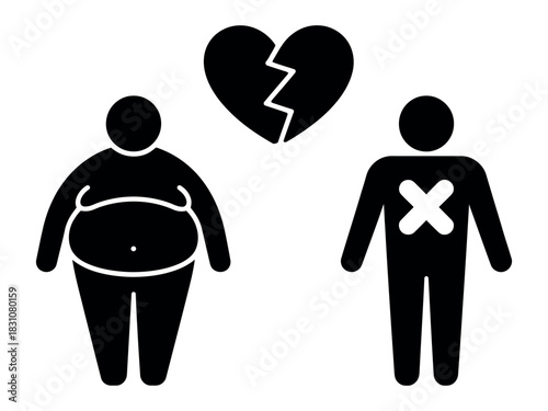 Obese figure and slim figure with broken heart and x on slim figure