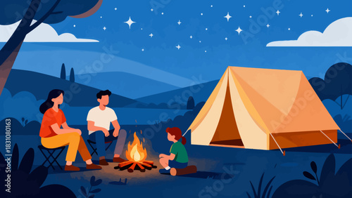 In this bright illustration, a family camps by a river: the father sets up a tent, the mother cooks, and the kids play with toys on a picnic blanket, surrounded by green mountains.