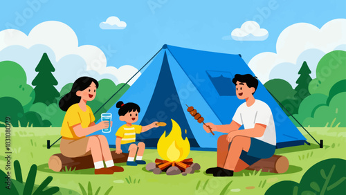In this bright illustration, a family camps by a river: the father sets up a tent, the mother cooks, and the kids play with toys on a picnic blanket, surrounded by green mountains.