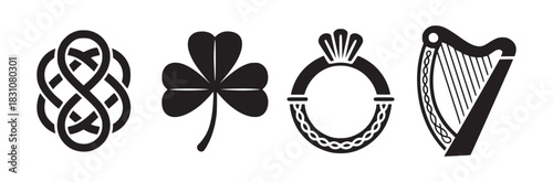 Black and white vector illustration of celtic knot shamrock claddagh ring and harp symbols set