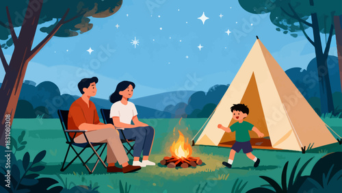In this bright illustration, a family camps by a river: the father sets up a tent, the mother cooks, and the kids play with toys on a picnic blanket, surrounded by green mountains.