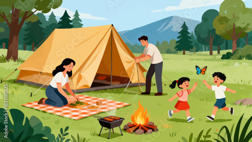 In this bright illustration, a family camps by a river: the father sets up a tent, the mother cooks, and the kids play with toys on a picnic blanket, surrounded by green mountains.