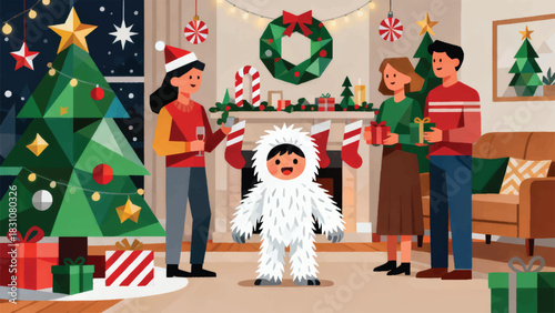 Illustration Of A Small Child Wearing A White Yeti Costume Celebrating Christmas With His Family Vector Design Template
