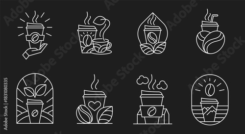 Coffee Paper Cup Line Icon Set. Minimal Outline To-Go Logotypes, Branding Symbols 
