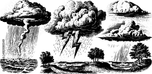 Clouds and lightning depicted in a vintage engraving style. Weather elements illustrated in a detailed vector illustration set.