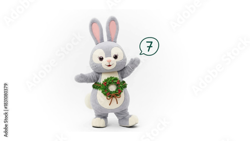 Fluffy Easter Bunny in Festive Attire: A charming and fluffy bunny stands tall, adorning a floral wreath, while a number 7 bubble is featured.