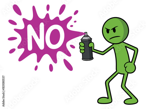 Green character spraying the word no in purple with a spray can