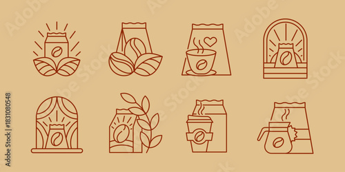 Set of Coffee Packaging Line Icons. Minimal Outline Coffee Bags, Logo Elements, Vector Graphic