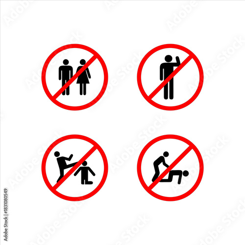 Collection of prohibition signs depicting forbidden actions and behaviors.