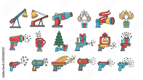 Festive Icon Collection: A vibrant assortment of holiday-themed illustrations including bell, cannon and gifts, perfect for enhancing festive and creative designs.