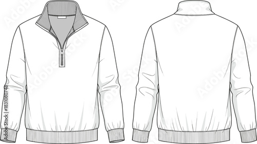 Technical flat fashion sketch of a men's or unisex quarter-zip pullover jacket or fleece with a stand collar, ribbed cuffs, and elasticized bottom hem, featuring a front 