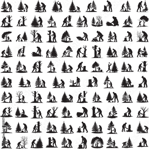 Person cutting down pine tree silhouette set isolated on white background