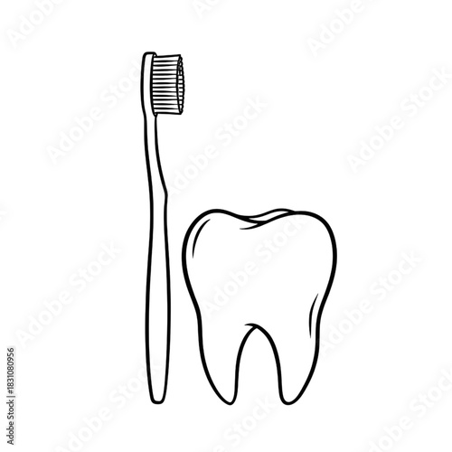 toothbrush and tooth line art outline drawing dental care