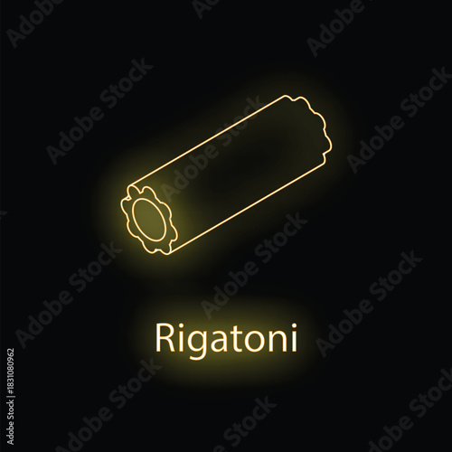 Minimalist glowing illustration of rigatoni pasta with neon effect on black background