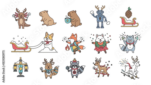 Festive Forest Friends: A charming ensemble of woodland creatures, each embodying the spirit of celebration and joy, in vibrant holiday illustrations. 