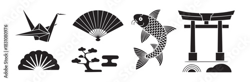 Collection of japanese themed icons including a crane fan fish and torii gate in black and white