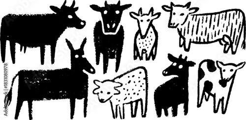 Cow illustration set featuring simplistic black-and-white designs. Hand-drawn vector graphics represent various dairy animals in a creative style.