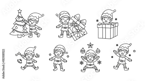 Christmas Elf Collection: A delightful collection of festive elves brings the holiday spirit to life, engaging in various activities such as adorning a tree, unwrapping gifts.