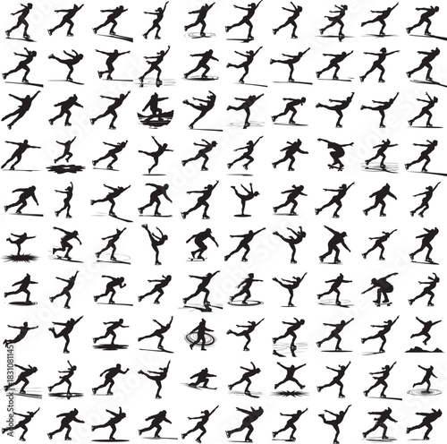 Person doing ice skating silhouette set isolated on white background