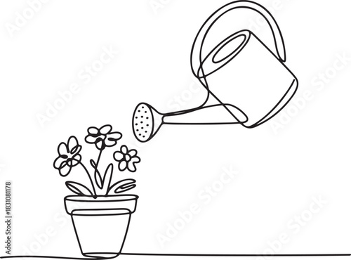 Continuous Line Art Illustration of Watering Can Tilting Toward Blooming Flower Pot