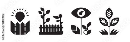 Four black and white garden icons depicting plants, fences, sunlight, and an eye on a flower stem