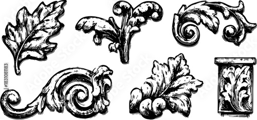 Decorative leaf designs in vintage style. Ornate black and white vector illustration featuring various elements and details in a set.