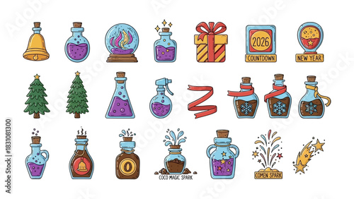 Festive New Year Collection: Assortment of icons and symbols perfect for seasonal decor, designed with festive flair and adding a touch of whimsy and joy. 