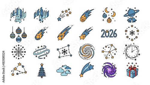 Celestial Celebration Icon Set: A vibrant collection of cosmic-themed icons perfect for design projects, including illustrations of the aurora borealis, shooting stars, constellations, planets.