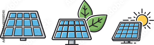 Vector illustration of solar panels set, representing clean energy, renewable power, green technology and sustainable future Vector