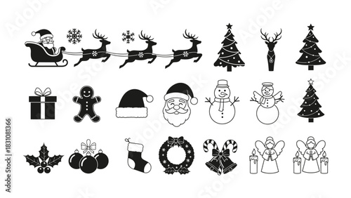 Christmas Icons: A festive collection of classic holiday symbols and illustrations, perfect for designs that evoke the spirit of Christmas, featuring icons of Santa Claus, reindeer, snowmen.