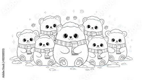 Cozy Bear Family: A delightful illustration featuring a charming family of bears, each wearing a cozy scarf, gathered in a winter scene. It evokes warmth and togetherness.
