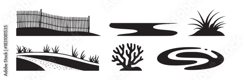 A collection of black and white vector illustrations featuring nature elements and abstract shapes