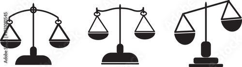 Scales of justice icon set. Law and legal symbol fivecourt or lawyer. Libra zodiac sign. Black vector illustration