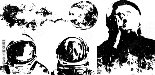 Astronaut in space. Abstract black and white design featuring a planet and a man in thought. Vector illustration highlights creativity and concept.
