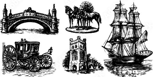 Illustration of a set including a bridge, horse statue, carriage, and ships. Vintage black and white vector artwork featuring historical landmarks.