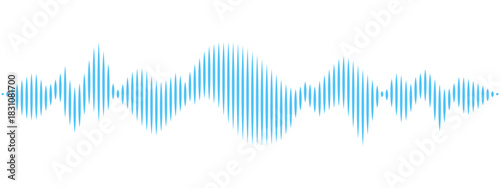 Blue sound wave visualization composed of vertical bars, isolated on white background. Minimal and modern graphic represents audio technology, music, voice recognition, and digital communication.
