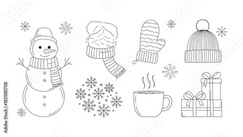 Winter Essentials Illustration: A charming assortment of winter essentials and cozy accessories, perfectly outlined and ready for adding color.