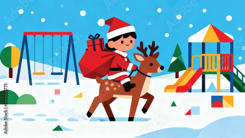 Illustration Of A Small Child Dressed As Santa, Carrying A Red Bag Containing A Gift Box, Riding A Small Reindeer Vector Design Template