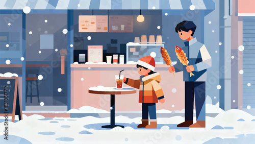 Illustration Of A Small Child Taking Drinks And Carrying Food In A Winter Tavern Vector Design Template