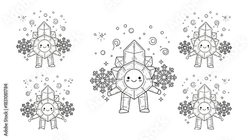 Festive Gem Characters: Whimsical gemstone characters bring the holiday season to life. Decorated with snowflake, celebrate the magic and wonder of winter, creating a delightful and playful image.