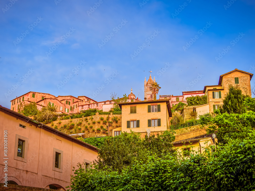 Obraz premium The bell tower of the Duomo peeks out behind the houses in Siena’s historic center, blending into the architecture of the medieval city. Travel in Italy.