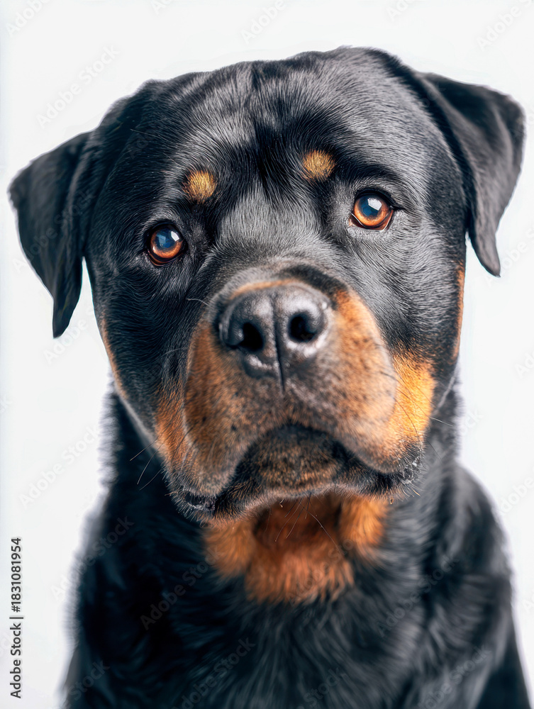 Obraz premium Portrait of a thoughtful rottweiler dog with expressive eyes and shiny black and tan fur against a bright minimalist background